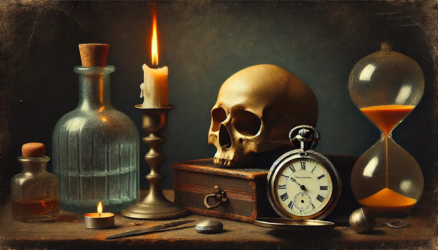 A Renaissance-style still life with a skull, a burning candle, and a pocket watch, symbolizing the fragility of life and the passage of time.