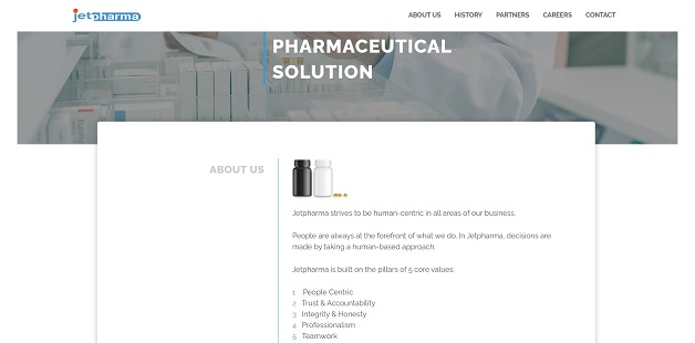 Screen shot from Jetpharma Wordpress website