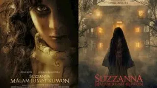 Poster film Suzzanna: Malam Jumat Kliwon menampilkan wajah menyeramkan dan sosok wanita di depan rumah angker
