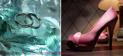 Details of the wedding rings and the brides shoes