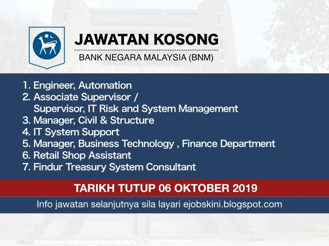 Jawatan Kosong Bank Negara Malaysia (BNM) Oktober 2019