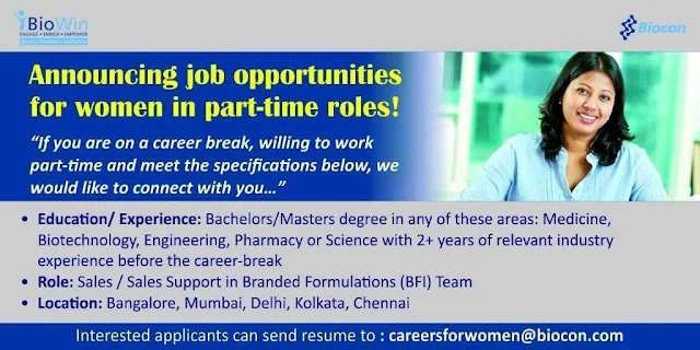 Biocon announcing Job opportunities for women in part-time roles!