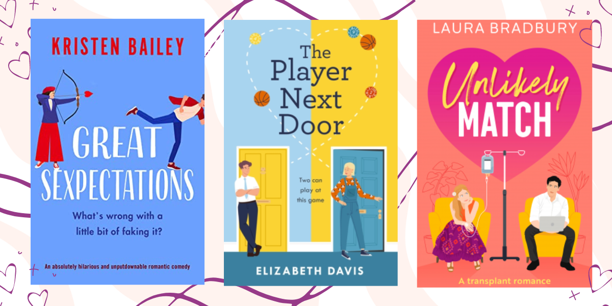 A collage of 3 book covers on a pink and white background with heart doodles. The books are Great Sexpectations by Kristen Bailey, The Player Next Door by Elizabeth Davis and Unlikely Match by Laura Bradbury