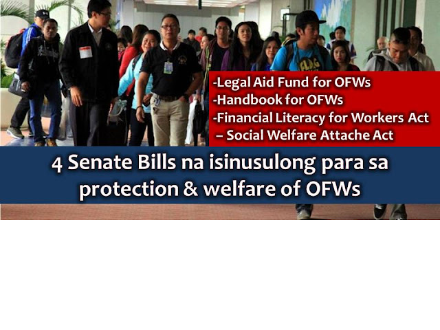 This 2017, three senators are pushing bills in the Senate that will give protection and welfare for OFWs once it will become a law.  These includes “Migrant Workers and Overseas Filipino Act of 1995.” that aims to expand the coverage of the Legal Assistance Fund and to institute a higher standard of safety and promotion of the welfare of migrant workers and their families by Senator JV Ejercito, “Handbook for OFWs Act of 2016” filed by the People’s Champ, Senator Pacquiao that seeks to mandate the Philippine Overseas Employment Administration (POEA) to publish and disseminate an OFW handbook containing the rights of migrant workers.  The two other bills are the “Financial Literacy for Workers Act” and “Social Welfare Attache Act of 2016” filed by Senator Joel Villanueva.