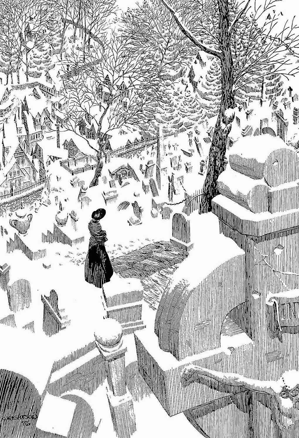 Bernie Wrightson, a woman at a cemetary in winter