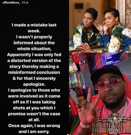 TBoss Apologizes To Davido For Calling Him Out On IG For Arresting The Two Girls