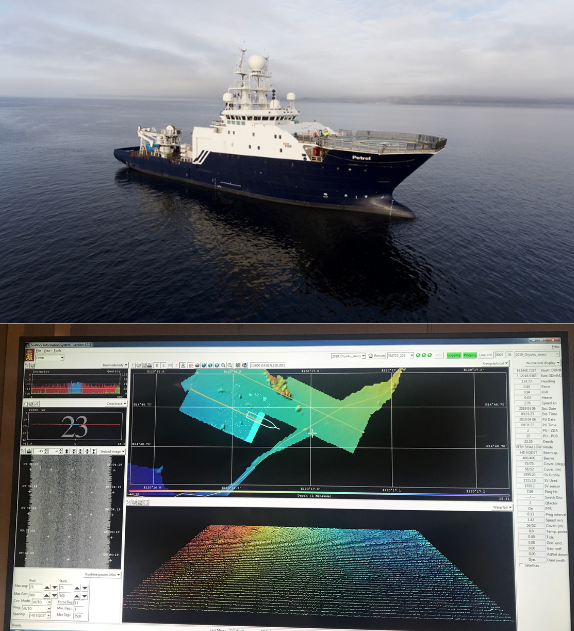 The Research Vessel Petrel and the screenshot of the Multibeam Echosounder Sonar (MBES) scanning of Oryoku Maru in Subic Bay.