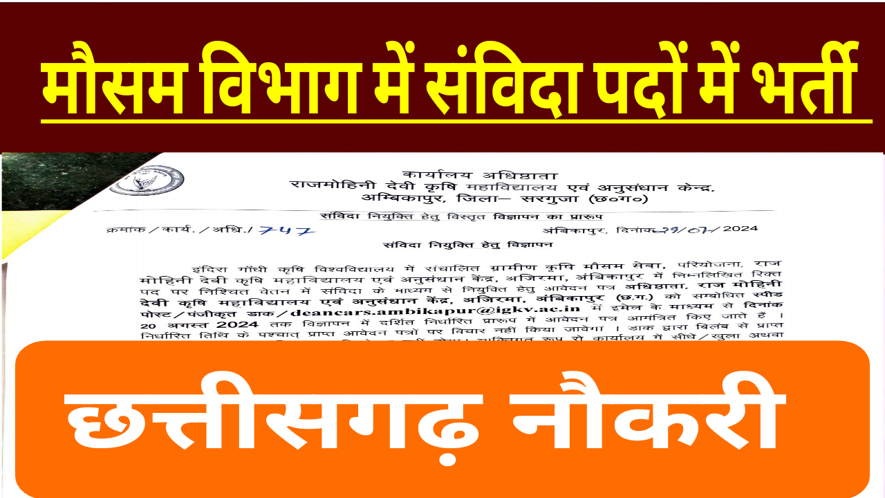 CG Mausam vibhag vecancy 2024 छत्तीसगढ़ मौसम विभाग में संविदा पदों में भर्ती