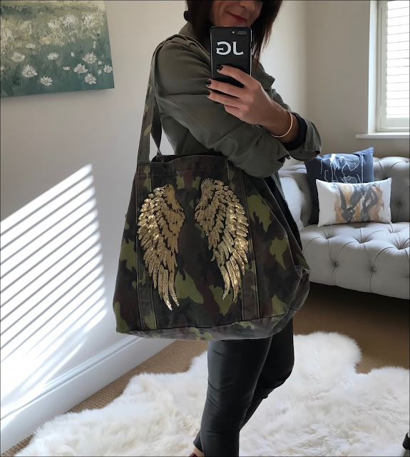 My Midlife Fashion, Zara Camouflage canvas bag, french connection faux leather trousers, Hush military jacket, primark polo neck jumper, office lucky charm boots