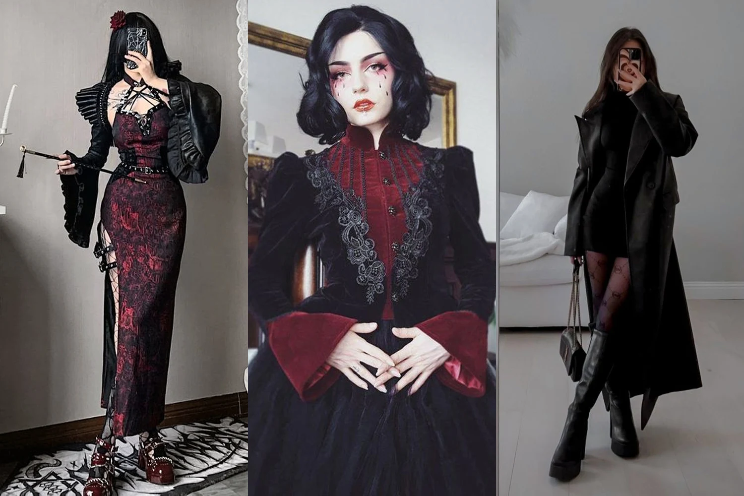 collage with three dark feminine aesthetic outfits