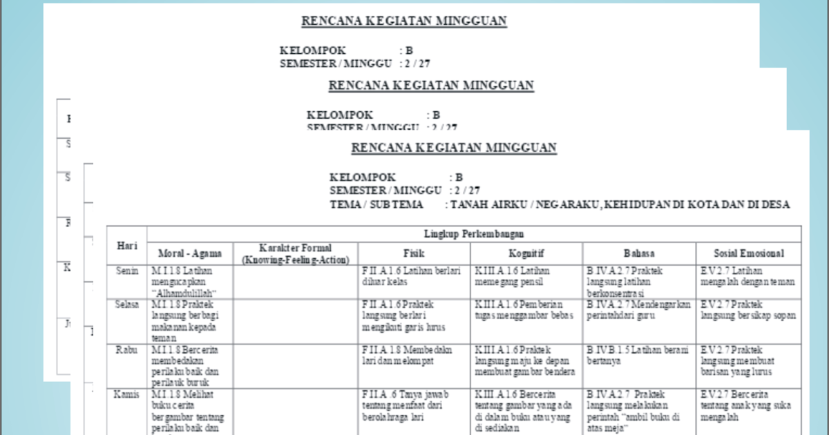 Contoh Rencana Kerja Mingguan ( RKM ) Tema Tanah Airku 