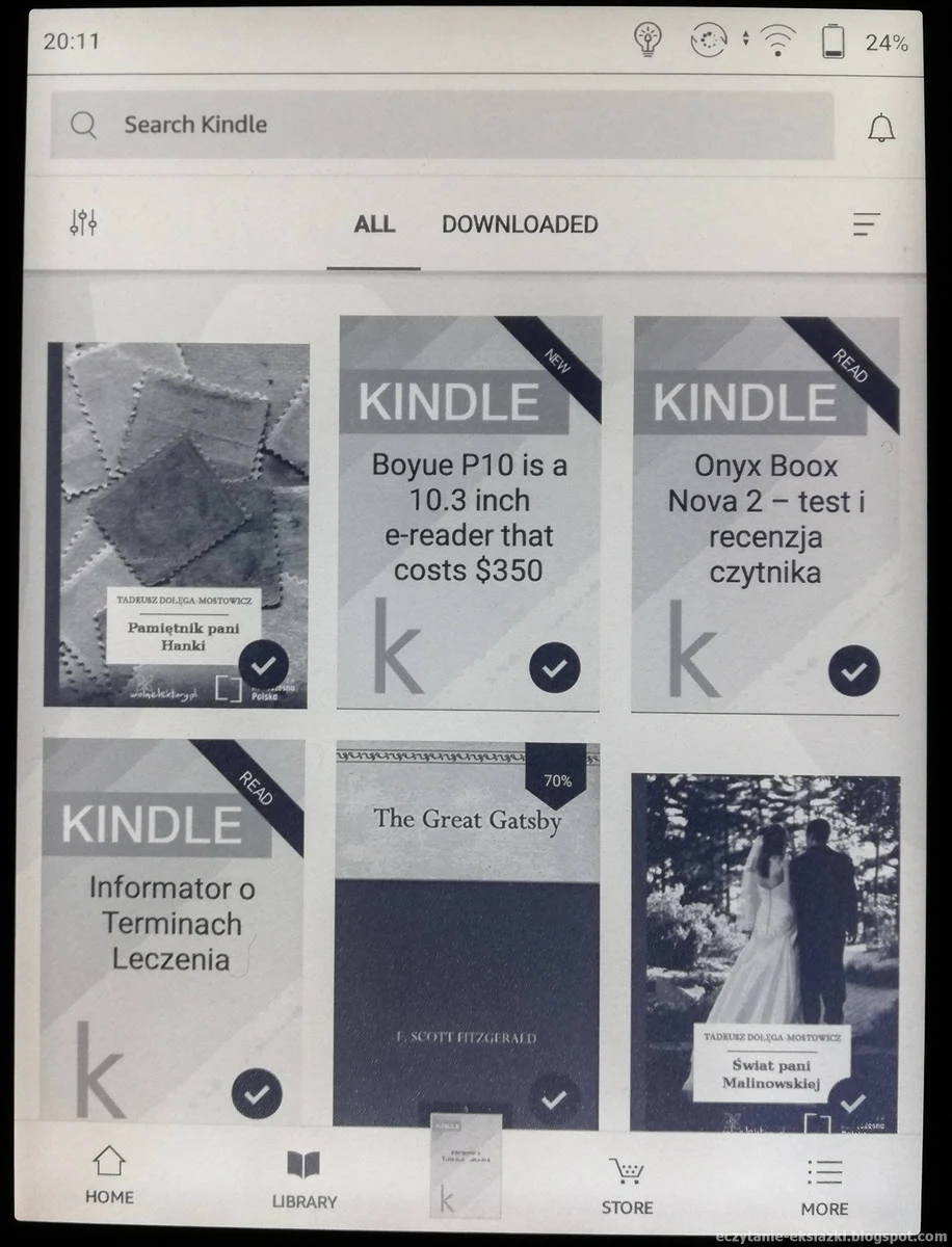 Ekran biblioteki w aplikacji Kindle na czytniku Onyx Boox Poke 3