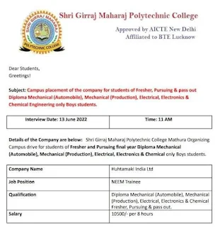 Diploma Campus Placement Drive in Shri Girraj Maharaj Polytechnic College Mathura, Uttar Pradesh for Huhtamaki India Ltd