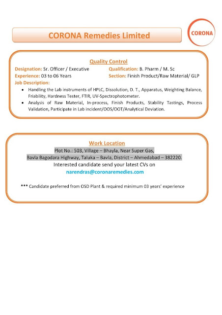 Corona Remedies Hiring For QC Dept