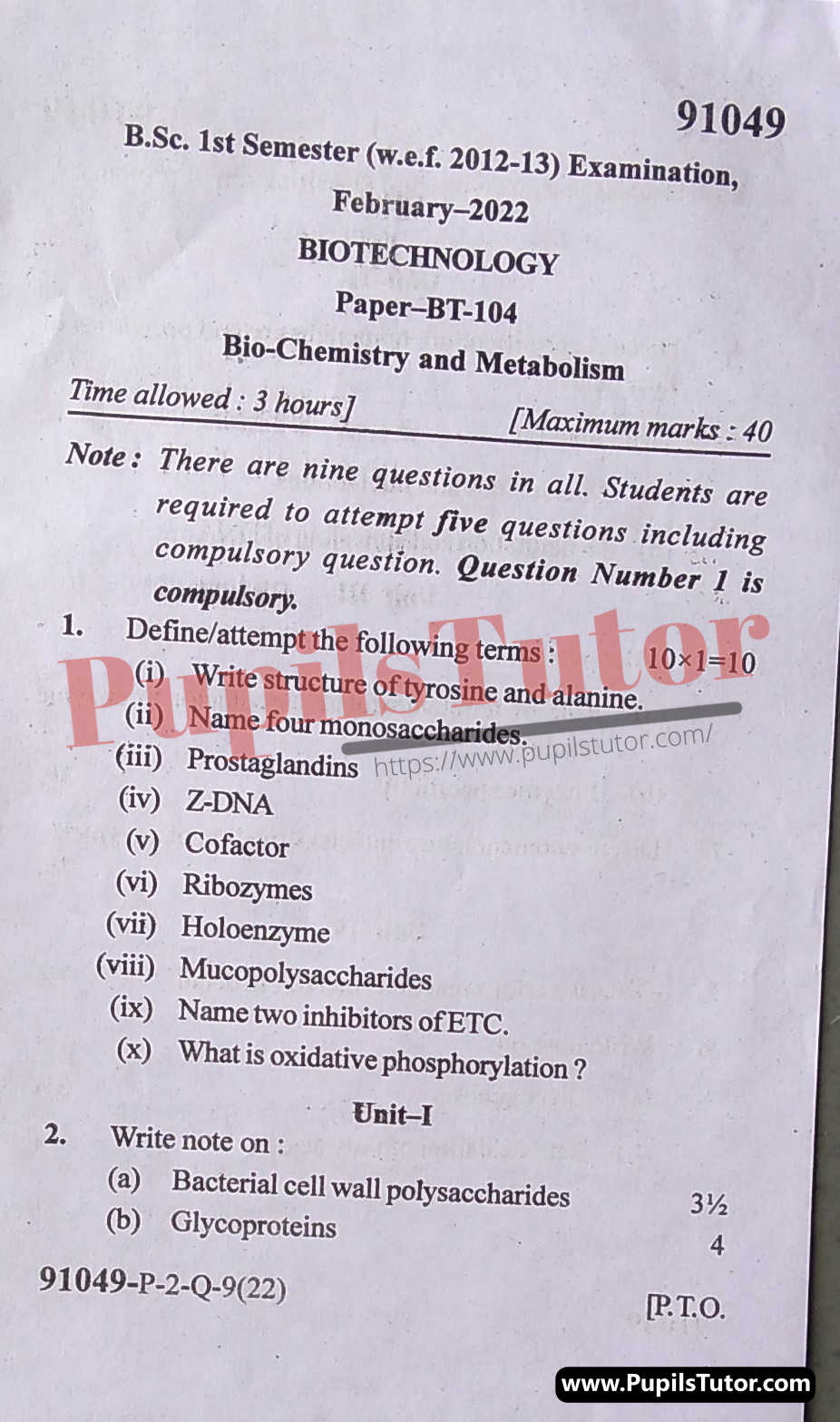 MDU (Maharshi Dayanand University, Rohtak Haryana) BSc Biotechnology Pass Course First Semester Previous Year Bio Chemistry And Metabolism Question Paper For February, 2022 Exam (Question Paper Page 1) - pupilstutor.com