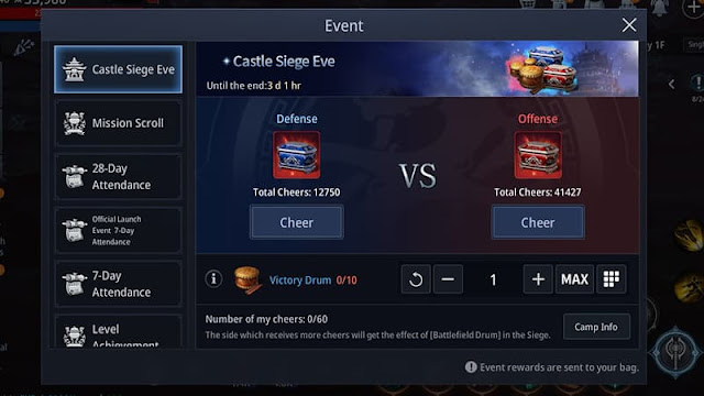 MIR4 Castle Siege Eve event interface - use Victory Drum to Cheer for Defense or Offense