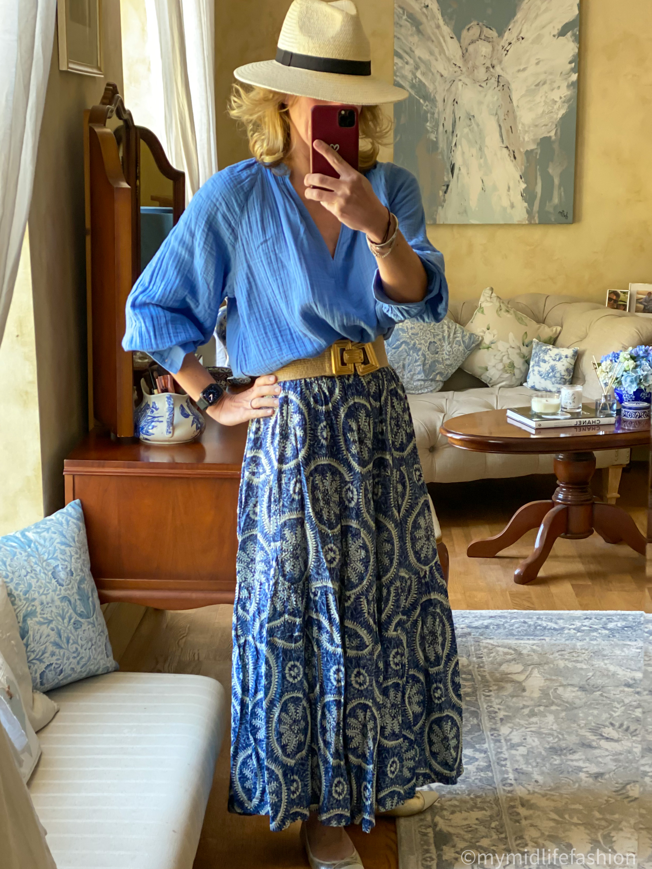 my midlife fashion, Zara Panama hat, h and m cotton blouse, Zara jute belt, blue patterned tiered maxi skirt, j crew two tone ballet pumps