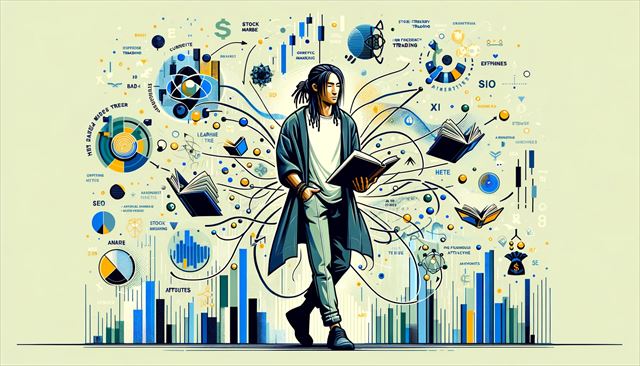 Create a new minimalist, abstract illustration that captures the spirit of curiosity and the pursuit of knowledge in the realm of high-frequency trading, as represented by a casually dressed Japanese man with dreadlocks. Visualize this through abstract symbols for the stock market, high-frequency trading, and perhaps a book to represent 'Stock Market Microstructure'. Also, include abstract elements that suggest the individual's involvement in various affiliate marketing efforts like SEO, ad, and X affiliates. This scene should convey a mix of aspiration, the challenge of complex learning, and the balancing of multiple projects. Ensure this illustration remains unique and doesn't replicate any previously provided imagery, focusing on the theme of intellectual curiosity and the juggle of entrepreneurial activities.