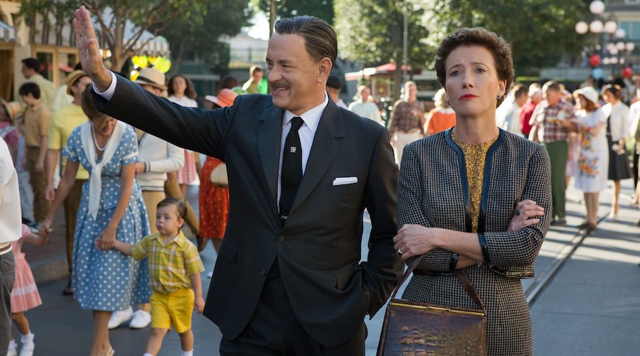 Tom Hanks as waving, smiling Walt Disney and Emma Thompson as stolid, unimpressed P.L. Travers at Disneyland