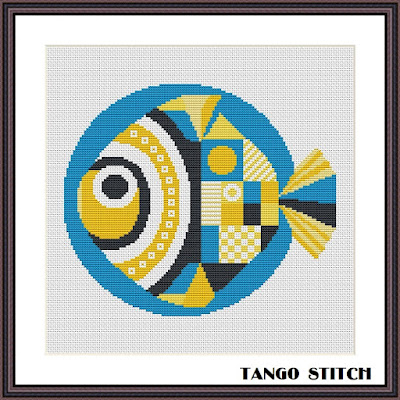 Geometric abstract fish cross stitch pattern - Tango Stitch