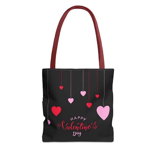 Tote Bag With Pink Red Minimalist Happy Valentine's Day and Hanging Hearts
