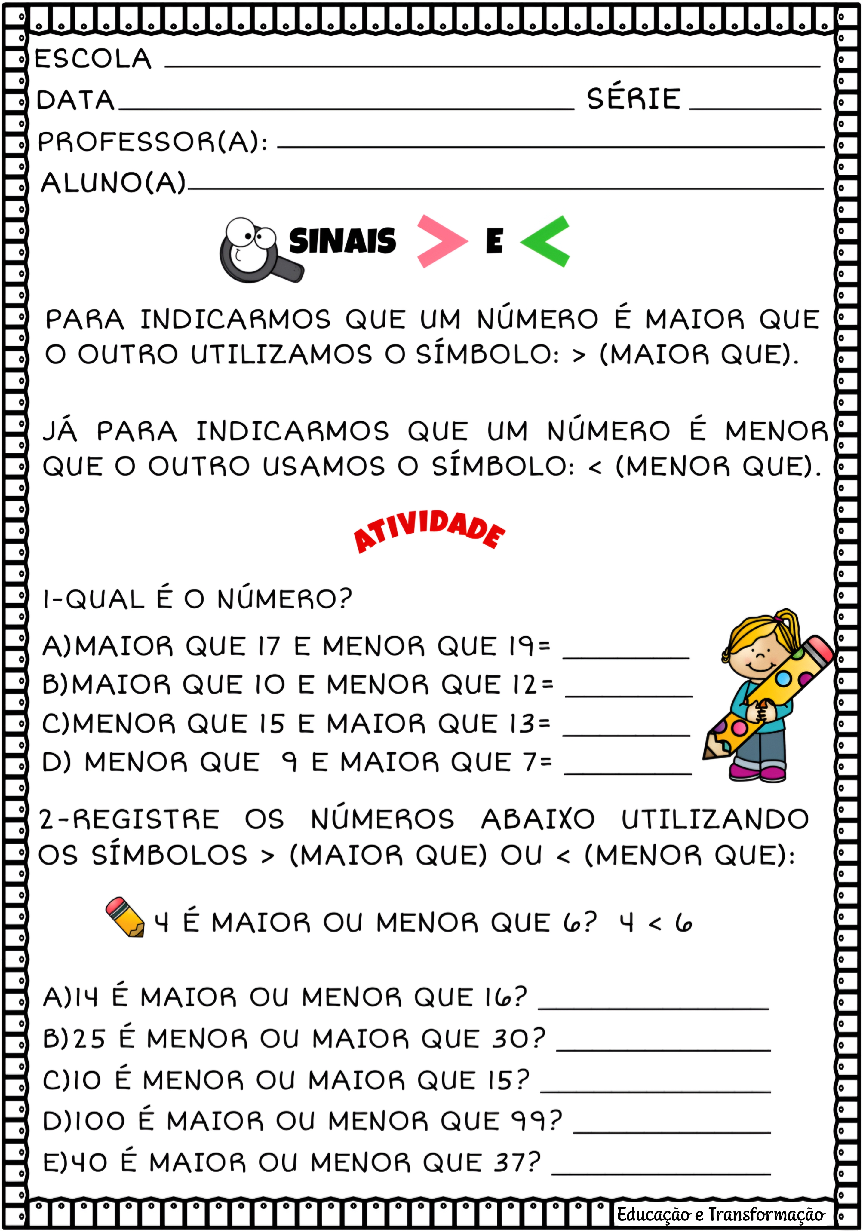 Atividades Sinal de Maior Menor e Igual para Baixar e Imprimir