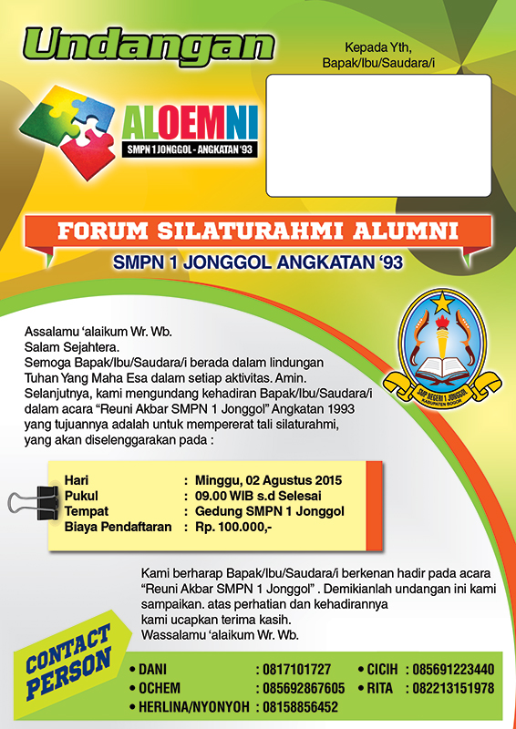 Contoh Desain  Undangan  Reuni  SMP 1 Negeri Jonggol Grafika