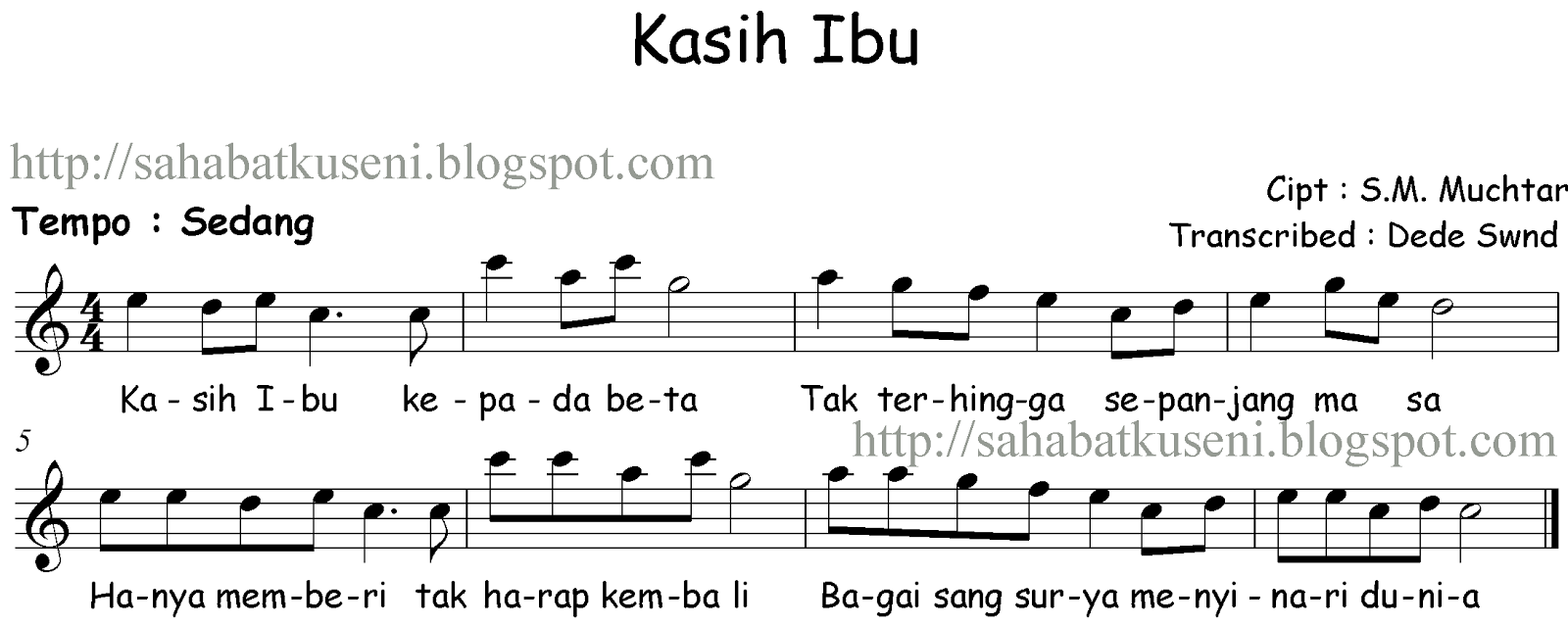 Not Balok Lagu Anak-anak Indonesia, Kasih Ibu, S.M 