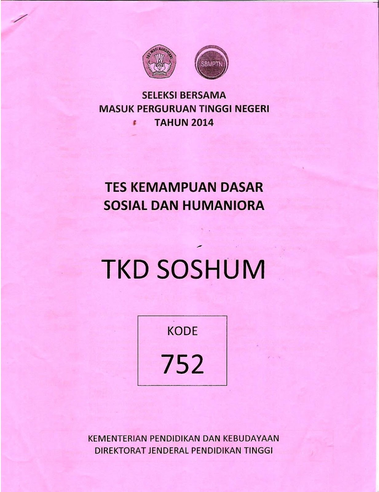 Dan pada kesempatan kali ini Pak Anang menyuguhkan file Naskah Soal SBMPTN 2014 Tes Kemampuan Dasar Ilmu Sosial dan Humaniora TKD Soshum Kode Soal 752