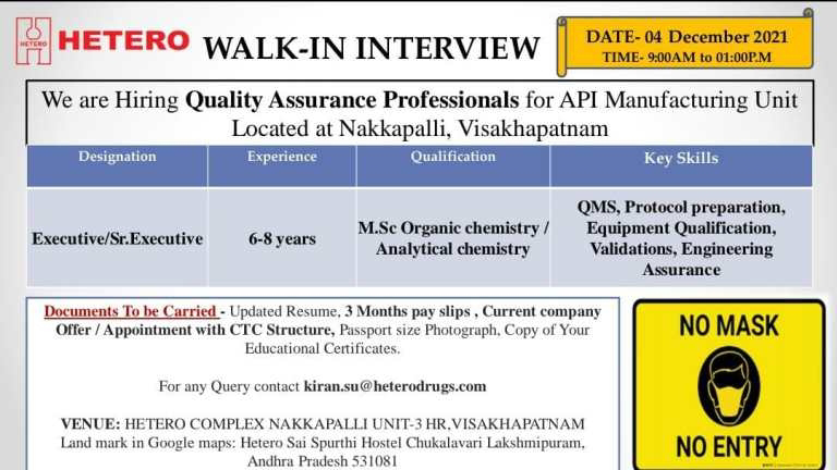 Job Availables,Hetero Walk-In-Interview For MSc Organic Chemistry/ Analytical Chemistry