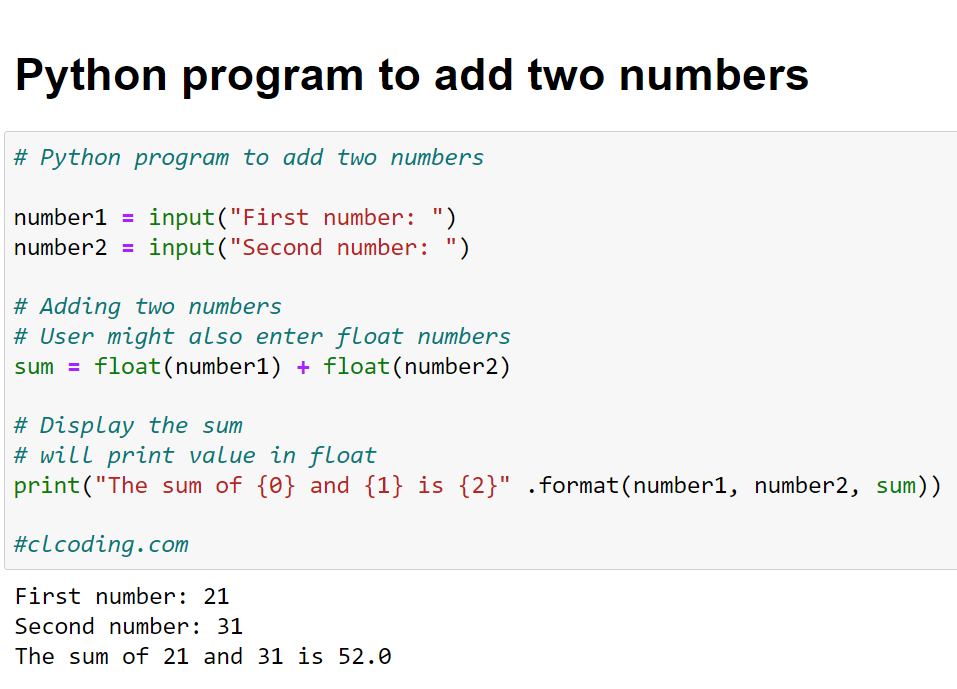 Day 67 : Python program to add two numbers ~ Computer Languages (clcoding)