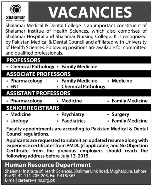 Professor Jobs in Shalamar Medical & Dental College