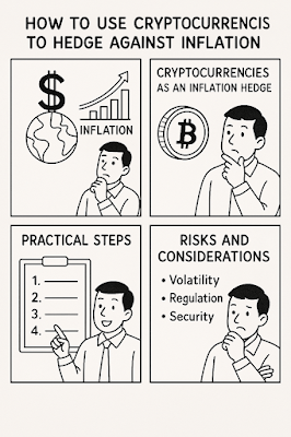 A four-panel black-and-white comic titled “How to Use Cryptocurrency to Hedge Against Inflation.” Panel 1: A man looks at a newspaper headline that reads “Inflation Rising!” with a worried expression. Panel 2: He holds up a Bitcoin symbol, thinking, “Is this the answer?” Panel 3: A checklist appears showing: Learn crypto basics, Choose exchange, Diversify portfolio, Secure assets. Panel 4: The man now looks concerned as price charts fluctuate wildly behind him with signs reading “Regulation Risk” and “High Volatility.”