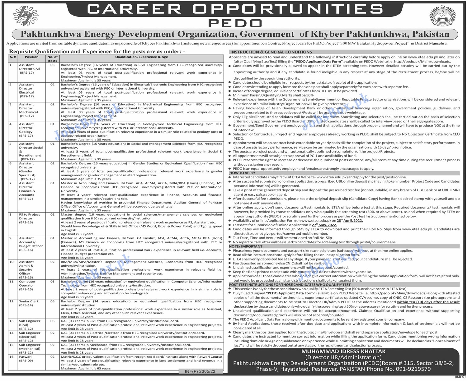 PEDO Jobs 2022 - Pakhtunkhwa Energy Development Organization Jobs 2022 - www.etea.edu.pk