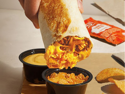 Taco Bell's Ruffles Crunchy Double Dippers dipped in nacho cheese and Ruffles chips.