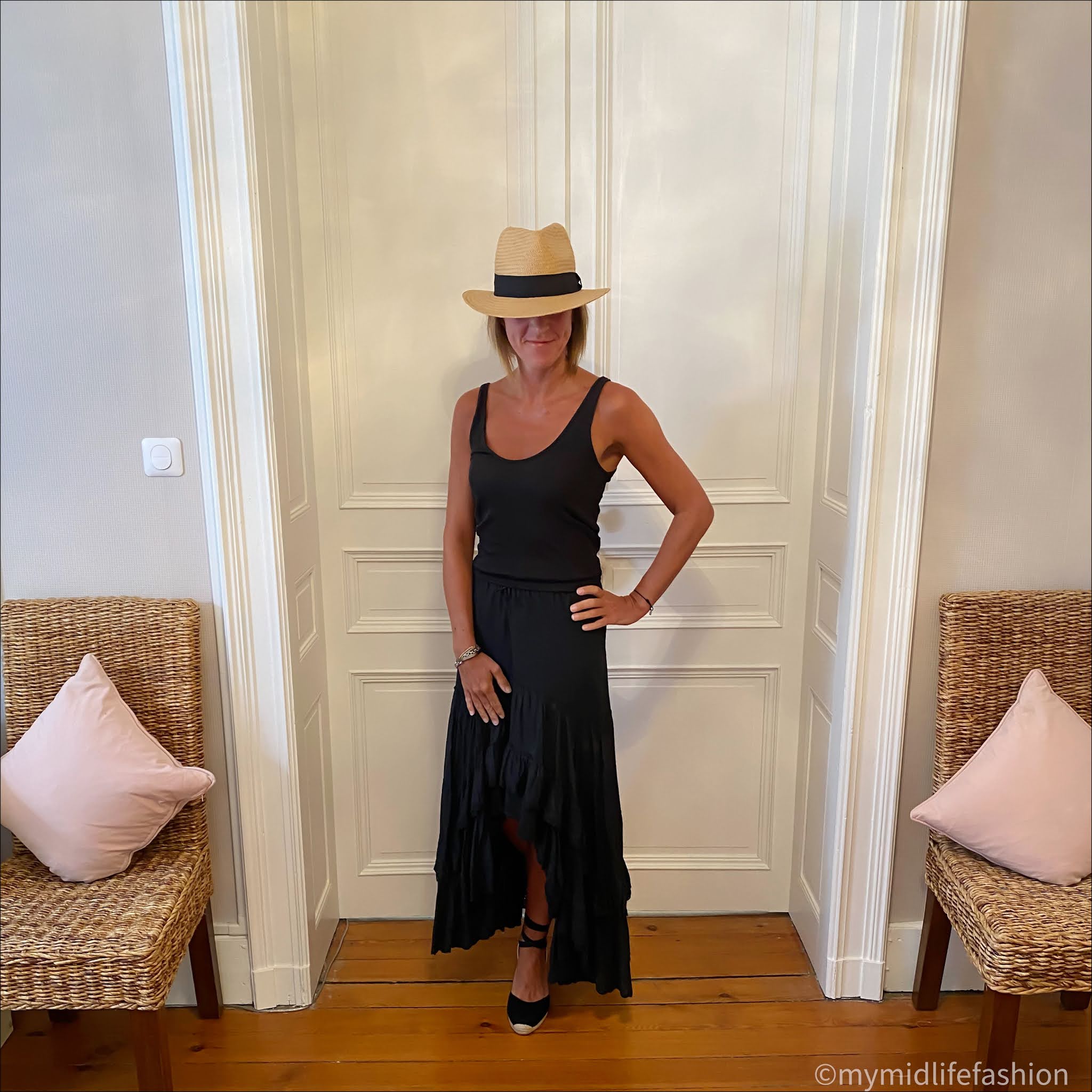 my midlife fashion, h and m Panama hat, Isabel Marant dipped hem skirt, and. other stories ribbed vest top, boden Cassie espadrille wedge sandals