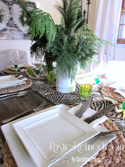 Winter Tablescape with Holiday Greens, Antlers and Animal Print