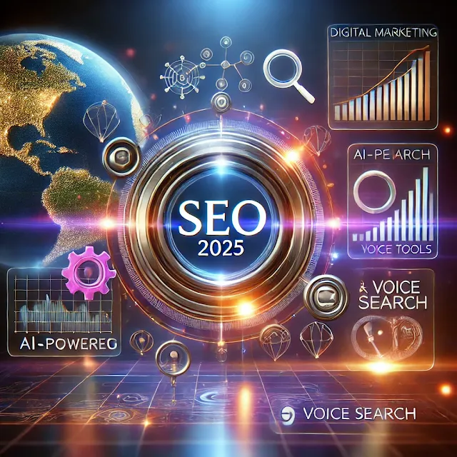 "Image depicting the concept of future digital marketing with a focus on SEO for the year 2025, including AI-powered tools and a background representing global connectivity."