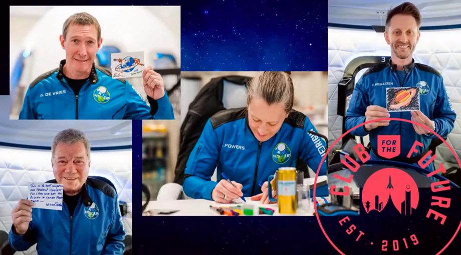 Crew of NS 18 show the cards they designed during training, which were flown to space as part of the “Club for the Future” programme. Shatner’s card read: “This is the most important and practical concept for space use and for aiding in saving planet Earth”. Bue Origin, 13 October 2021.