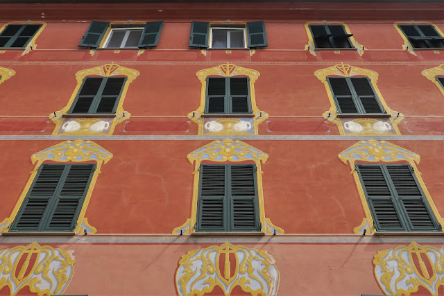 Trompe l'oeil building facade on Piazza Mazzini in Chiavari, Liguria