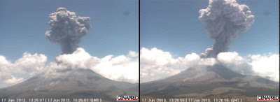 Una fuerte erupción del volcan Popocateprtl a las 18:23 UTC del 17 de junio 2013 