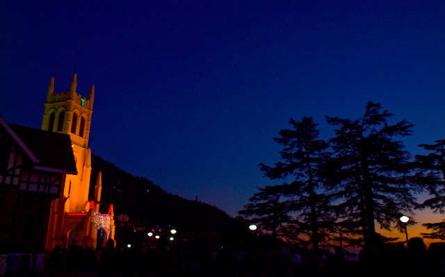 Posted by Ripple (VJ) on PHOTO JOURNEY @ www.travellingcamera.com : Sunset in Shimla on 31st December, 2009 (Himachal Pradesh, INDIA): Recently I visited Shimla for New Year Celebrations with friends. It was Sunset time when we were heading towards Mall road. Here are few photographs of Sunset in Shimla...:As the time passes one needs slow shutterspeed with high Aperture which gives this highly saturated Blue sky on Hill stations.... Here is a view of Christ Church on Ritz, Shimla...: ripple, Vijay Kumar Sharma, ripple4photography, Frozen Moments, photographs, Photography, ripple (VJ), VJ, Ripple (VJ) Photography, Capture Present for Future, Freeze Present for Future, ripple (VJ) Photographs , VJ Photographs, Ripple (VJ) Photography : 