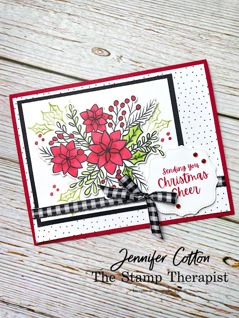 Christmas card made with the Stampin' Up! Words of Cheer Bundle (Real Red, Basic Black, and Basic White).  Flowers colored in with Stampin' Blends.  More info/details on the blog and video.  Jennifer Cotton Stampin' Up! Demonstrator