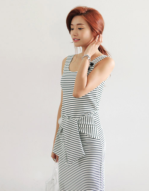 Striped Wrap Tie Front Sleeveless Dress