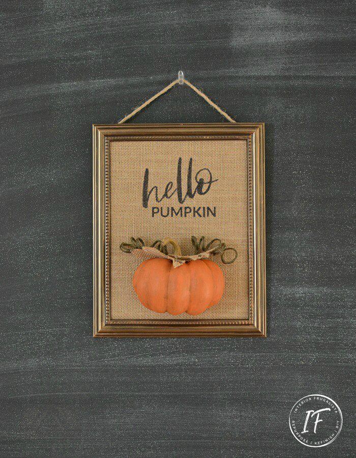 A unique DIY Hello Pumpkin Burlap Wall Art idea for Fall using inexpensive repurposed dollar store finds plus tips for how to print on burlap fabric.