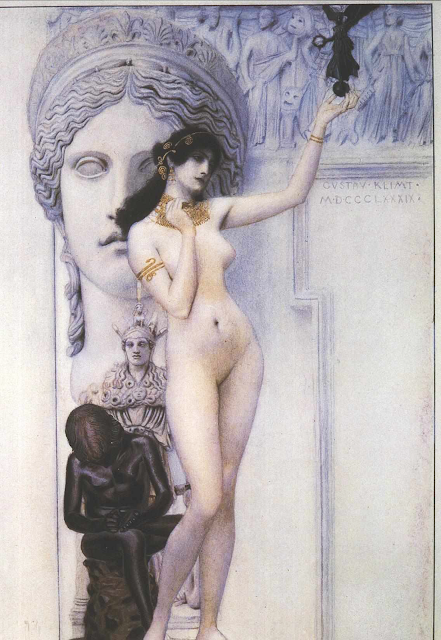 a symbolist painting by gustav klimt featuring a nude woman in front of a statue