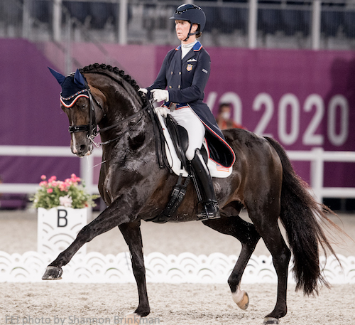 Sabine Schut-Kery of Team USA rode Sanceo at Tokyo Olympics 2020 dressage events.