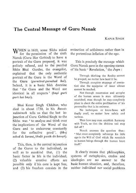 The Central Message of Guru Nanak - Sirdar Kapur Singh