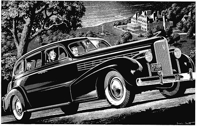 a 1938 Lasalle by scratchboard illustrator Irwin Smith