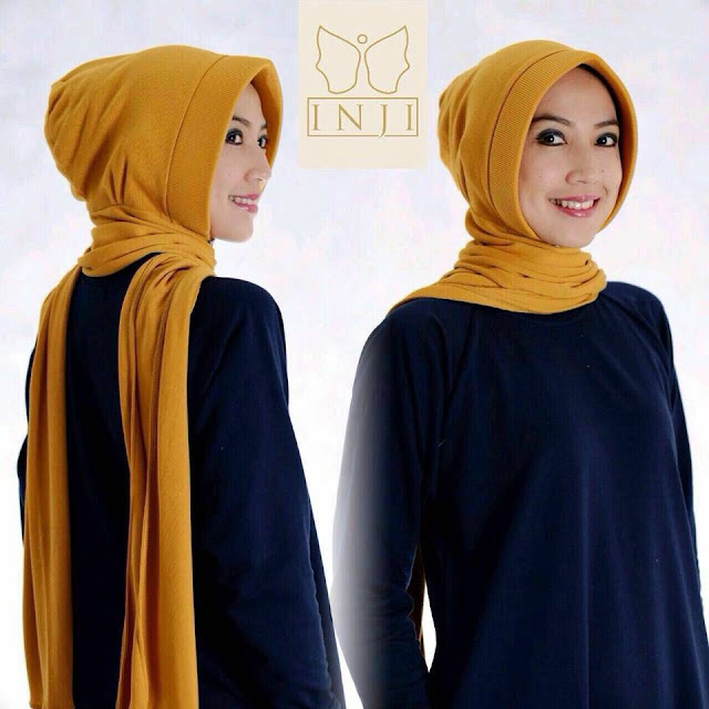 Jilbab instant langsung pakai warna kuning tua  berbahan kaos rib,praktis dan mudah dipakai